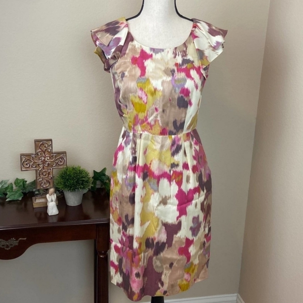 LOFT Flutter Sleeve Cream Pink Print Women's Dress Size 0